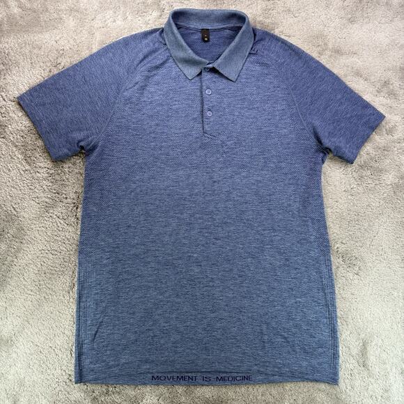 Lululemon Mens Polo Shirt Medium Blue Movement Is Medicine Short Sleeve Athletic - Picture 1 of 9